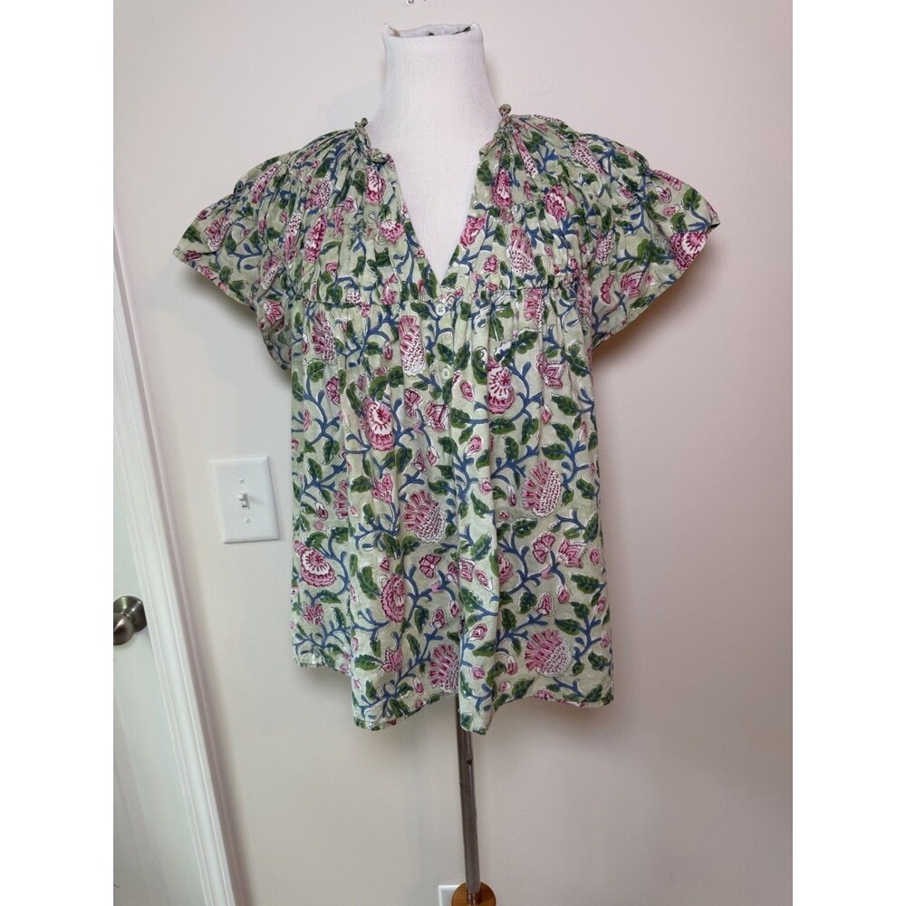 eShakti Blouse Cotton Button Up Top Bohemian Floral Short Sleeve Lightweight XL
